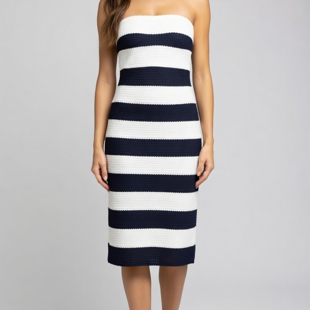 Striped Strapless Midi Dress in Navy & White